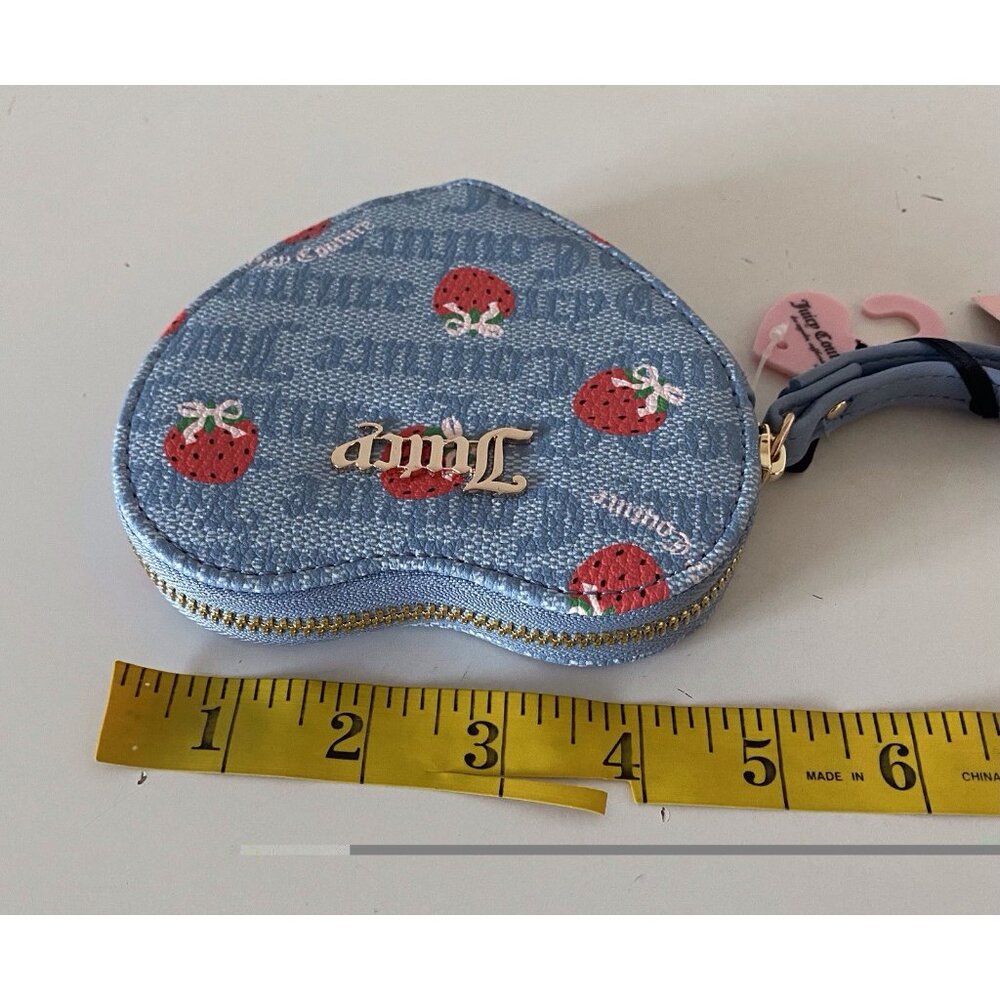 Juicy Couture Berry Sweet Coin Purse Wristlet Dusty Blue Red Strawberries NEW - Picture 9 of 10